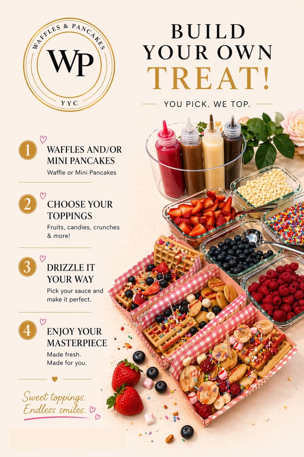 Fresh waffles and pancakes with toppings